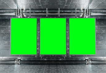 Three vertical billboards in futuristic underground Mockup. Hoardings in spaceship interior with metallic panels and modern lights. 3D rendering © sdecoret
