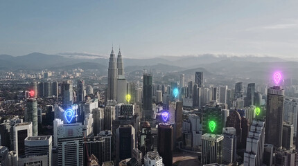 AERIAL. 5G network digital hologram on city background.5G network wireless systems.