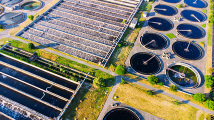 Bortnytsia aeration station, Bortnychi. Kyiv. Ukraine. Aerial drone view. Sewage treatment plant. Wastewater treatment plant. - obrazy, fototapety, plakaty