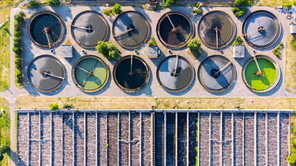 Bortnytsia aeration station, Bortnychi. Kyiv. Ukraine. Aerial drone view. Sewage treatment plant. Wastewater treatment plant. - obrazy, fototapety, plakaty