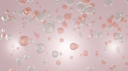 Pink liquid bubbles floating in air. Collagen bubbles. Concept for cosmetics. 3d Cosmetic molecule cream.