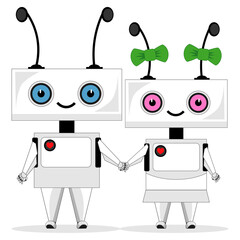 A futuristic pair of cartoon robots in love. Vector character illustration on a white background.