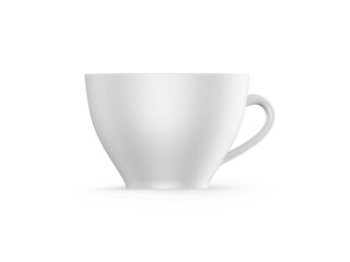 Porcelain tea cup mockup template, empty ceramic coffee cup on isolated white background, 3d illustration