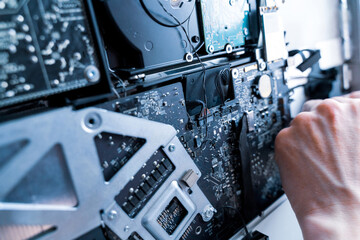 Repair computers. Technology maintenance hardware from man engineer. Electronic technician pc service.