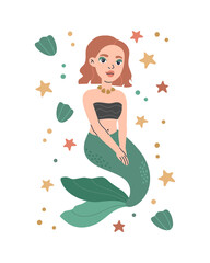Cute bohemian red hair mermaid poster print with little shell and starfish for nursery, cards or t-shirt design. Hand drawn vector illustration in boho style, pastel color isolated on white background