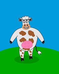 Dairy cow with mountain landscape and blue sky for dairy products