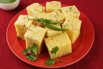 Gujarati Khaman Dhokla made using Chana Dal, served with Green chutney