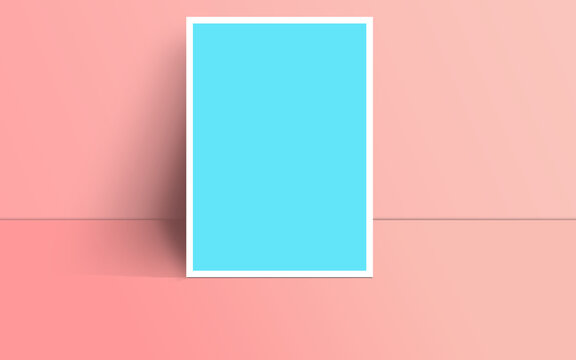 Blue Blank Frame on Pink background. Simple Vertical  Photo Frame, Poster, A4 paper on pink clean Floor.  Minimal, Front View. 3D Illustration 