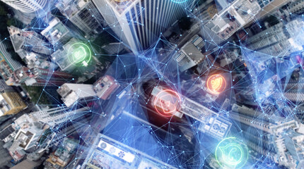 AERIAL. 5G network digital hologram on city background.5G network wireless systems.