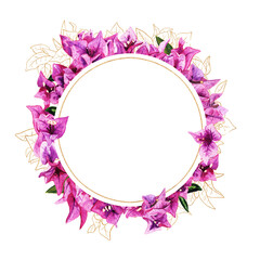Frame with watercolor and golden bougainvillea flowers