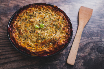 vegan lentil cottage pie with mash potato topping, healthy plant-based food