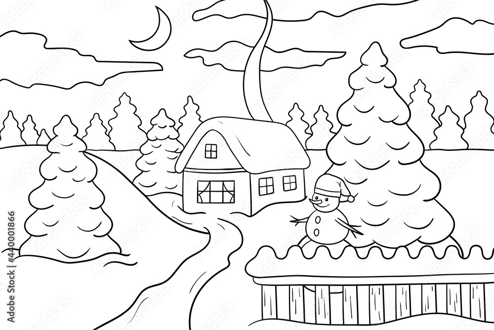 Poster House in the winter forest, coloring page