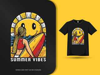 Summer vibes female surfer on the beach design illustration with t-shirt template. vector graphic design