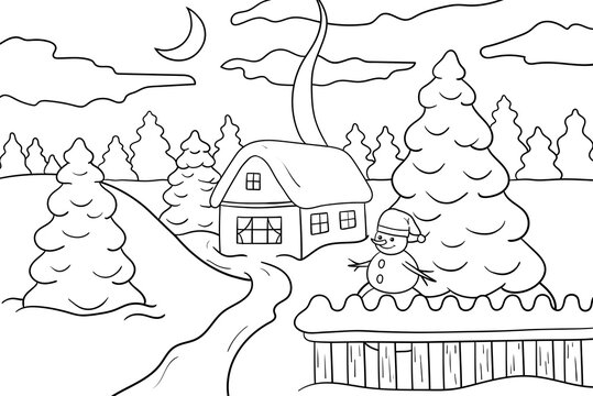 House in the winter forest, coloring page