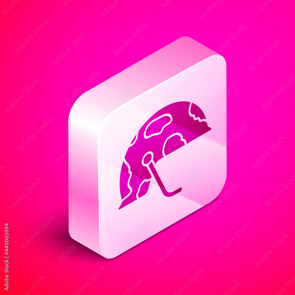 Sticker Isometric Military helmet icon isolated on pink background. Army hat symbol of defense and protect. Protective hat. Silver square button. Vector