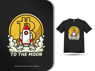 Bitcoin and rocket to the moon t shirt design. Rocket launch in graphic vector illustration. vector graphic design