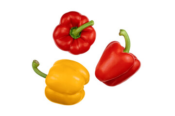 Three sweet bell peppers isolated on white background, top view.