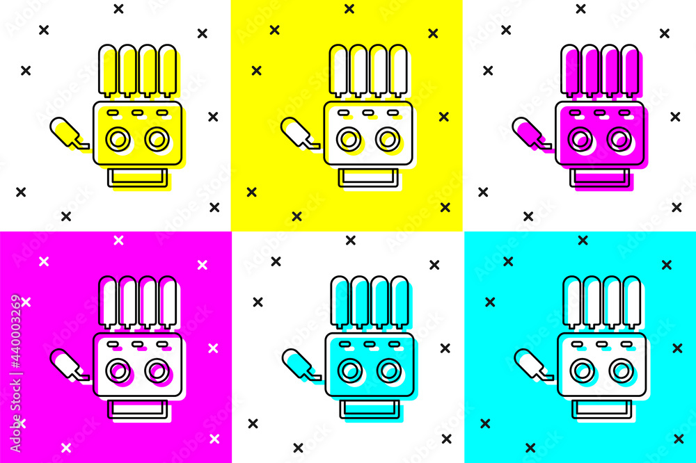 Poster set mechanical robot hand icon isolated on color background. robotic arm symbol. technological conce