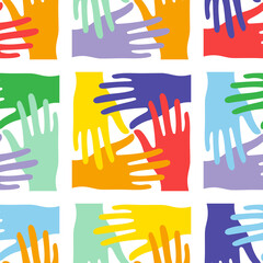 Seamless pattern of abstract bright colorful overlapping hands. Background of square composition. Flat design.