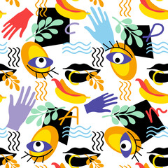 Seamless pattern of surreal eye, colorful hands, lips, geometric figures. Minimalism style. Flat design. Abstract modern background.