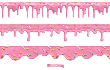 Donut pink icing with sprinkles. 3d vector realistic seamless pattern - obrazy, fototapety, plakaty
