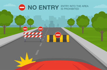 Driving a car. Closed city road with transportable variable message sign. No entry road or traffic sign meaning. Flat vector illustration template.
