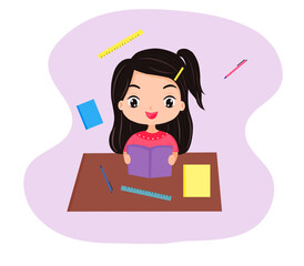 Girl study and read books.vector illustration 