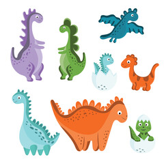 Set of cute vector dinosaurs isolated on white background. Cartoon dinosaurs, baby dino, litte and big dino. Can be used to decorate a children's room, illustration for children.