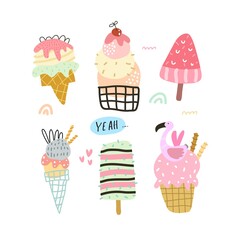 cartoon set of ice cream. Summer colorful vector illustration, flat style. design for cards, print, posters, logo, cover