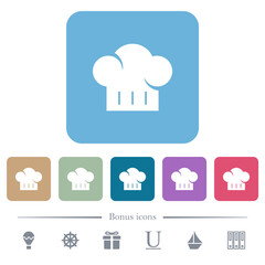 Chef hat flat icons on color rounded square backgrounds