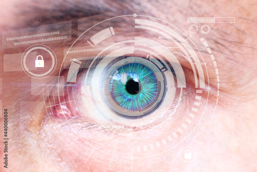 Poster human eye recognition face id scanning process. close up of eye man with digital interface. human ey
