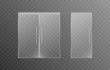 Set of glass doors on an isolated transparent background. Doors of the main entrance, to a shop, office, shopping center. Closed doors. PNG.