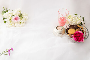 Chocolate and jujice on a white canvas. Flat lay photography.