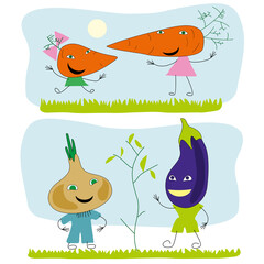 Obraz premium Cartoon characters representing vegetables, carrots, eggplant and onions