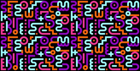 Poster Neonkleuren op een zwart abstract geometrisch patroon. Vector platte ontwerp decoratieve naadloze achtergrond. ©  danjazzia