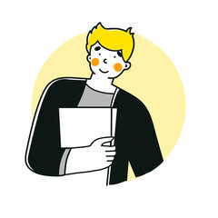 Man presents product, great design for any purposes. Vector illustration design.