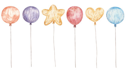 ballons set, star, circle, heart, watercolor illustration on white background