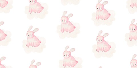 childish pattern with pink rabbits, cute baby watercolor illustration