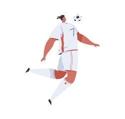 Football player jumping and trapping soccer ball with chest. Professional footballer in uniform playing sports game. Flat vector illustration of athlete in dynamic isolated on white background