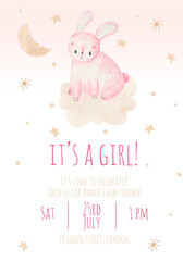 Invitation to children's party, its a girl, cute watercolor children's illustration with a rabbit on