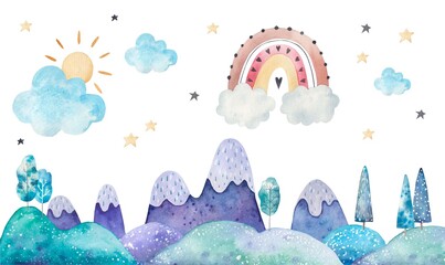 scandinavian style landscape with mountains, trees, rainbow, cute children's watercolor illustration