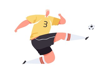 Fototapeta na wymiar Soccer player kicking ball with foot. Athlete in uniform playing European football. Professional footballer during sports game. Colored flat vector illustration of sportsman isolated on white