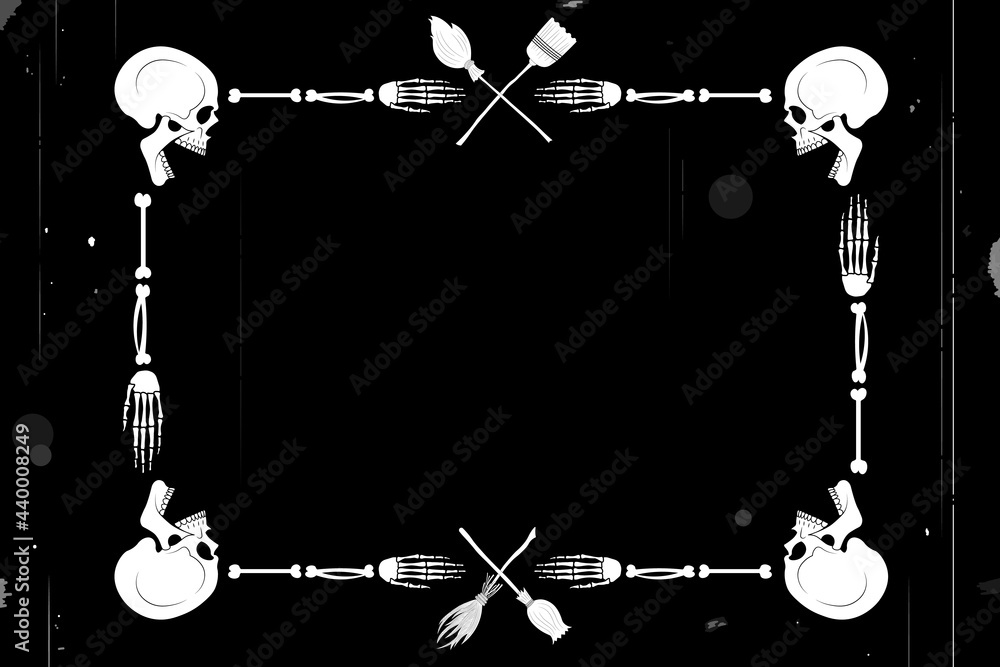 Wall mural Skull, bones, halloween. Background, template, blank for inscription, logo. Vector frame in retro silent movie style