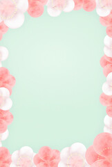 ハガキサイズ　柔らかな紅白梅のフレーム背景　グリーン　縦
