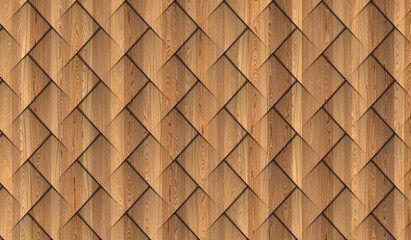 Fototapeta premium 3d illustration. Background image of three-dimensional triangles of the same size, located at different heights, with a shadow and with the texture of natural and painted wood. Wood panel. Render