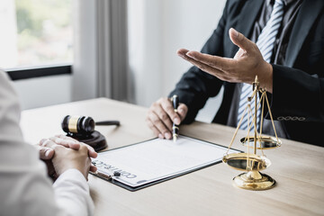 Attorneys advising in cases where a client has been defrauded by a defendant who is a business partner forming a joint company, advising on litigation and gathering evidence. Fraud case concept.