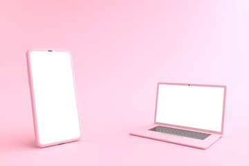 3D rendering of mockup pink smartphone white screen opposite of Mock up of pink laptop white screen lay on the ground. Smartphone white screen can be used for advertising,Isolated on pink background.