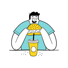 Hungry man eating burger and drinking soda. Overweight teenager eating fast food. 
