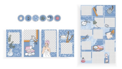 Zero waste life concept for bathroom  editable templates set for stories, posts, Highlights.Design for social networks. Story mockup with copy space. line drawing vector