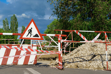 road sign - traffic is prohibited and road works, the road is closed for maintenance